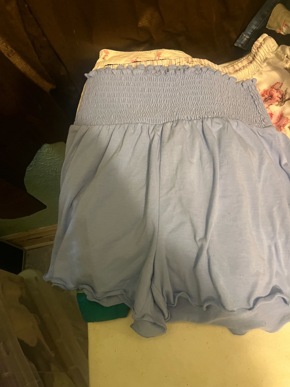 Zenana Outfitters Light Blue Smocked High-Waist Shorts